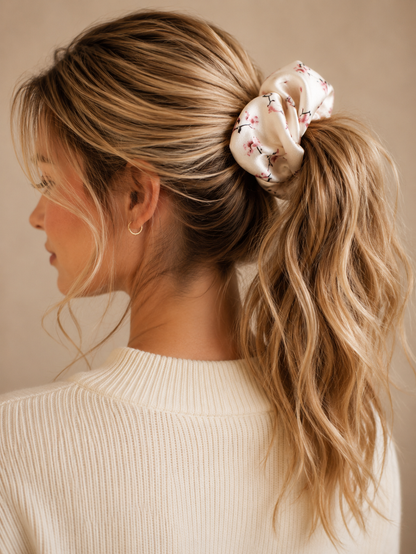 Blossom Blush Oversized Satin Scrunchie – White Pink Floral