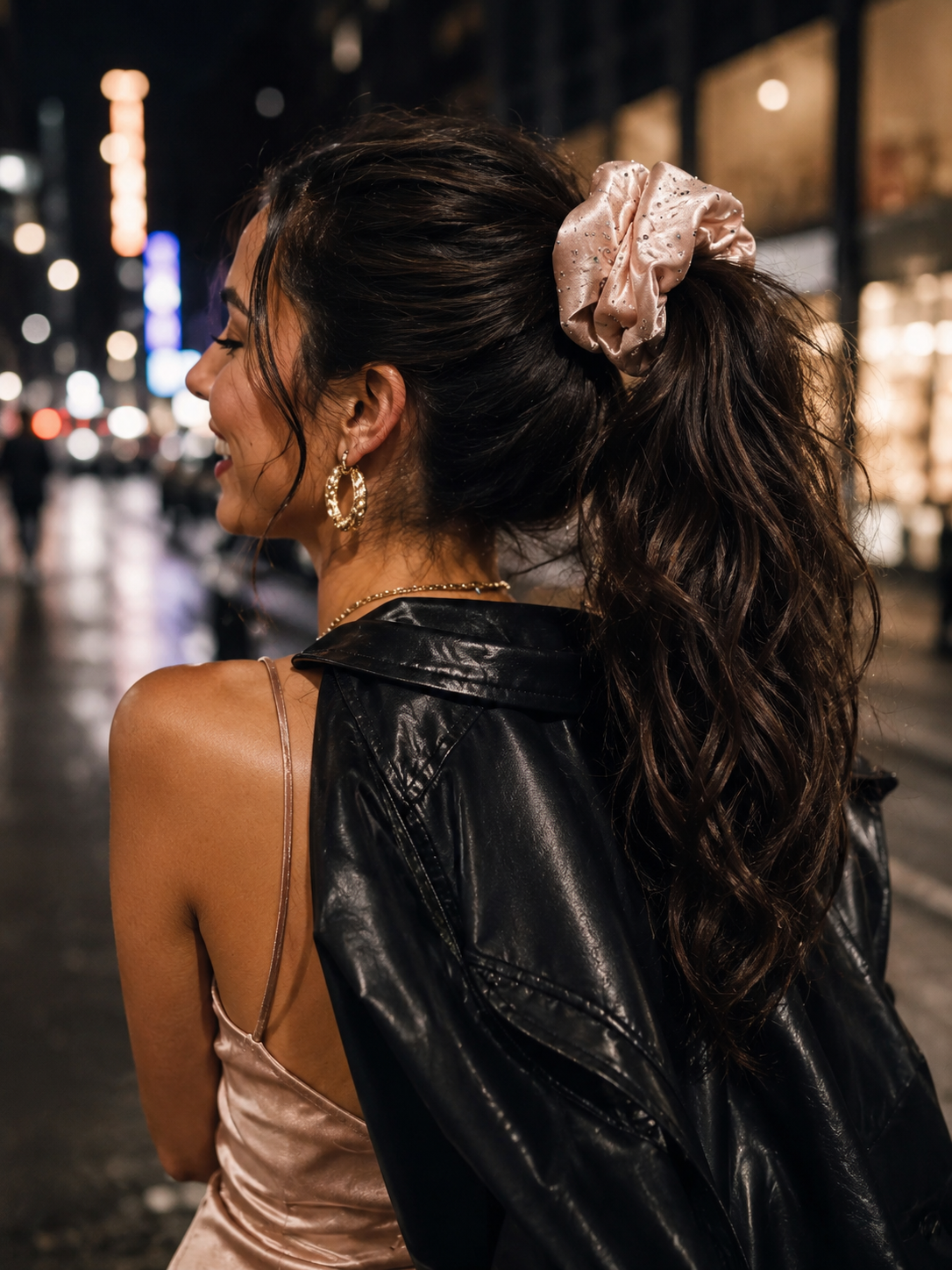 Stella Crystal Oversized Satin Scrunchie – Blush Pink Rhinestone